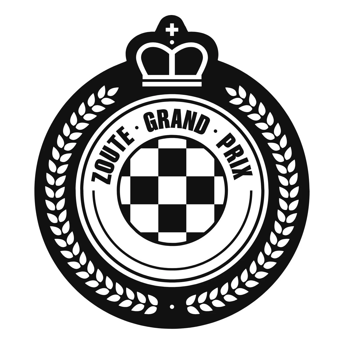 A circular emblem with a crown on top, a laurel wreath border, and a checkered shield at the center. The words "ZLOUTE GRAND PRIX" encircle the shield.