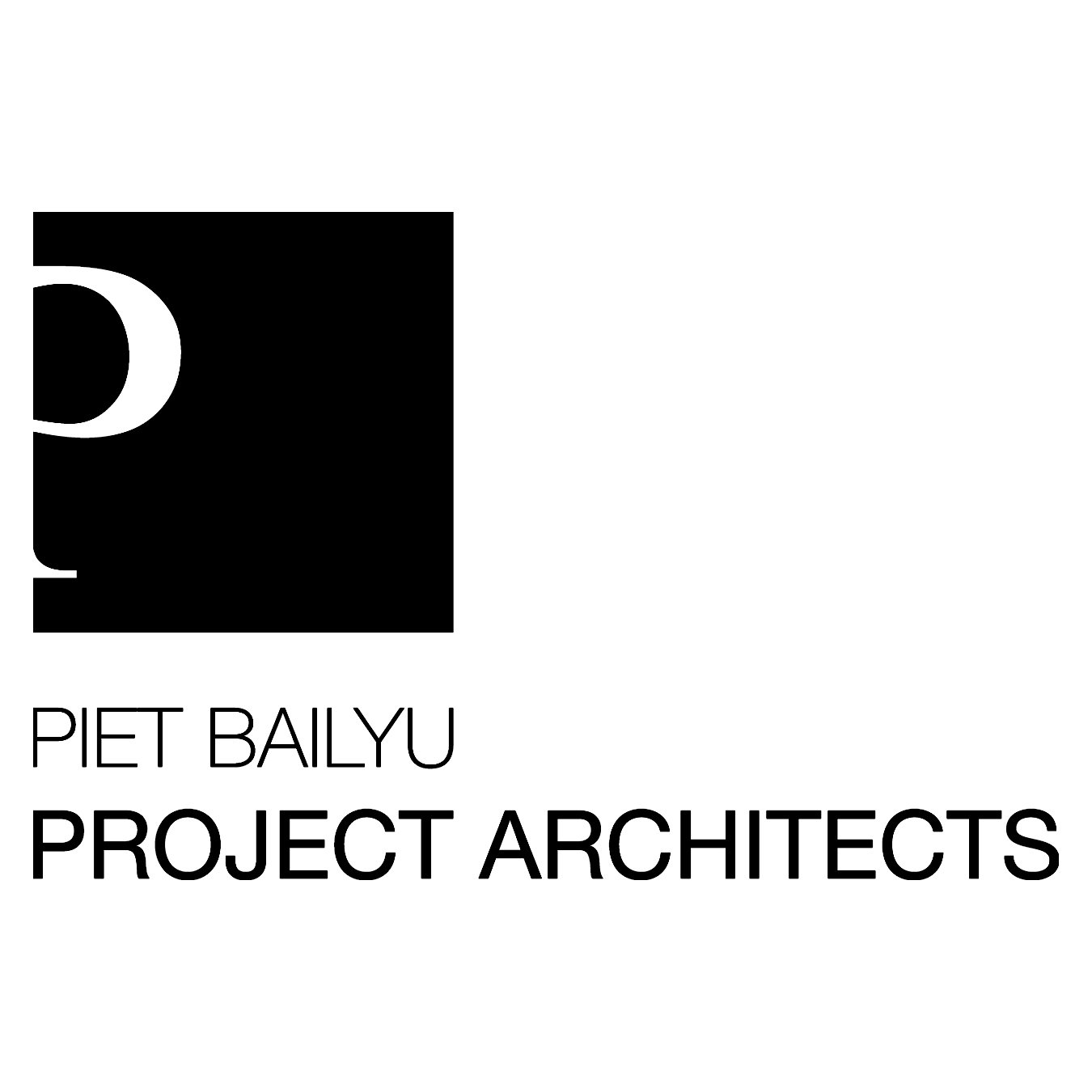 Black square logo with a white stylized letter 'P' on the left and the text 'PIET BAILYU PROJECT ARCHITECTS' in black, modern font below.