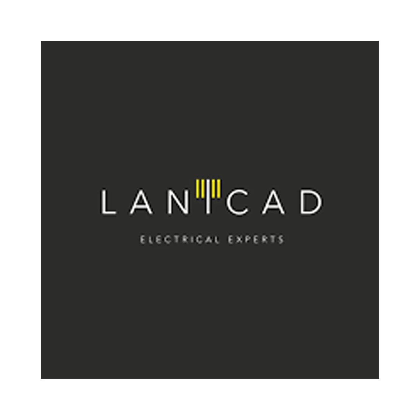Logo for LANTCAD Electrical Experts with black background, white text, and yellow accents on the letter 'T'.