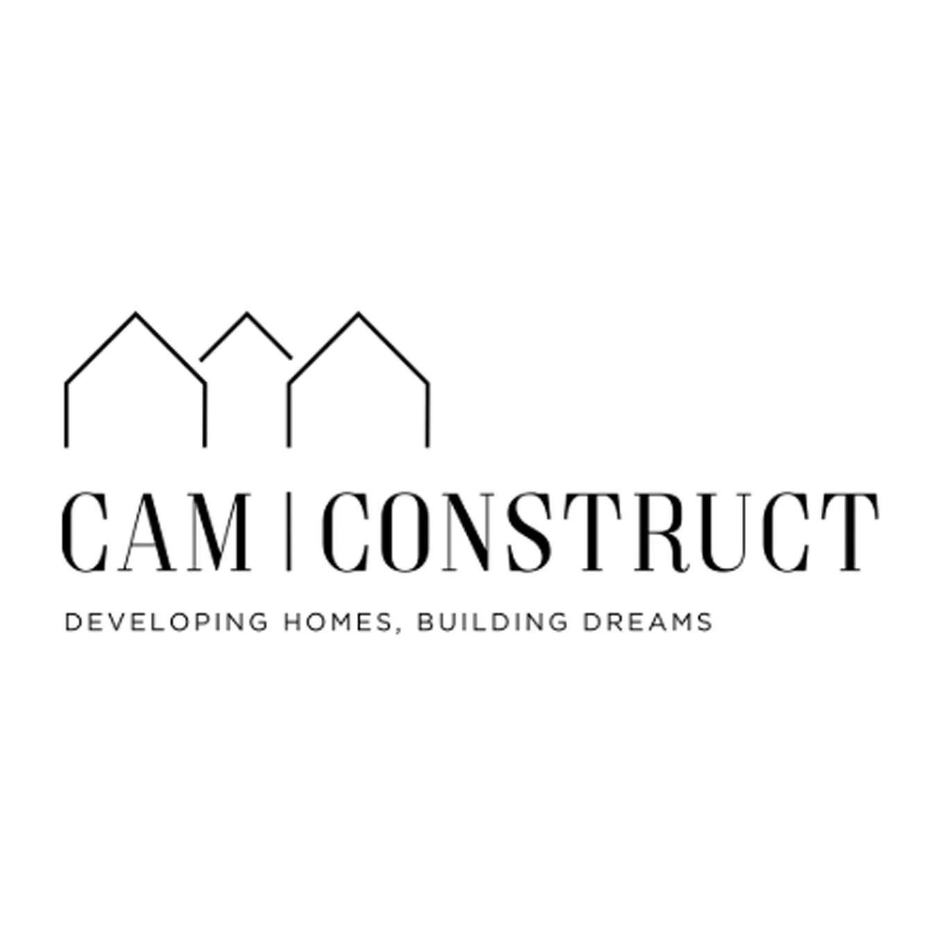 Logo for CAM I CONSTRUCT with three stylized house rooftops and the tagline "Developing homes, building dreams."