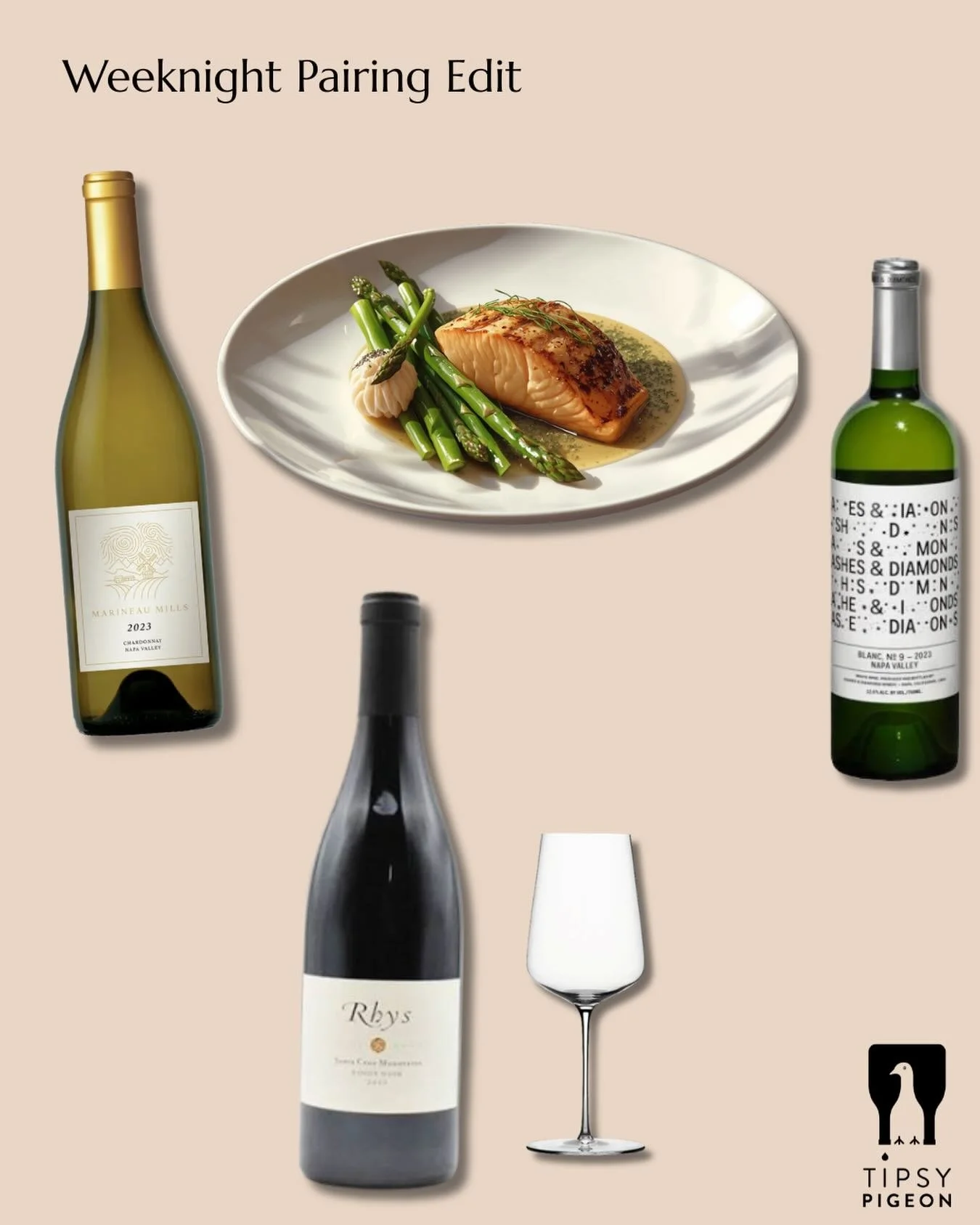 Weeknight dinner, styled.

Salmon is a staple in our rotation and one of our favorite things to pair because it&rsquo;s incredibly versatile: rich, textured, and adaptable depending on how it&rsquo;s prepared.

What we typically reach for:

-Pinot No