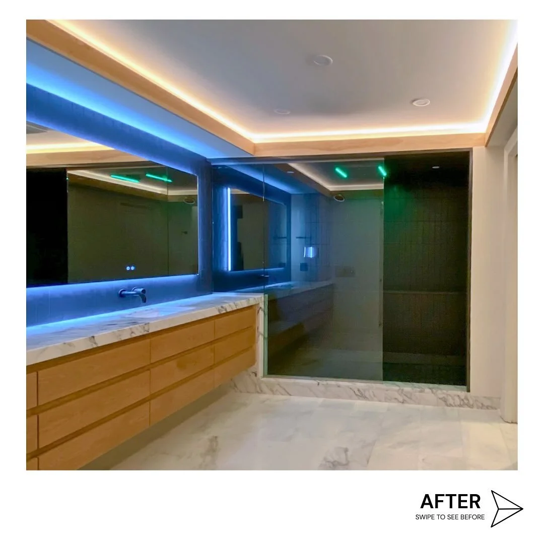Polished stone to ground your feet in the heat. Textured tile to catch the mist. Wood warms.  Light shifts gently across materials, marking zones of calm, clarity, and restoration. 

MZ. transformed an outdated, oversized bath into a tactile retreat,