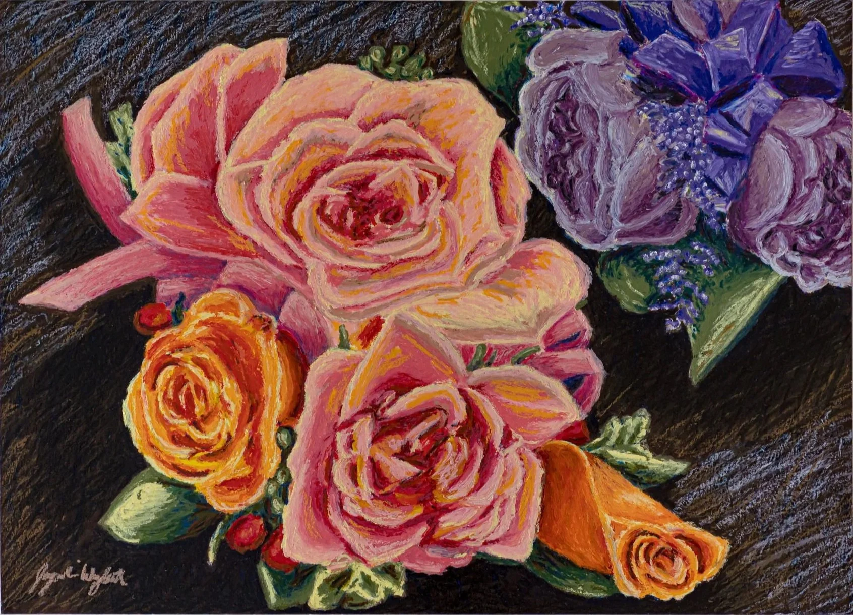 "Corsages to exchange"
2023,
oil pastel on paper,
20 x 15.5 inches