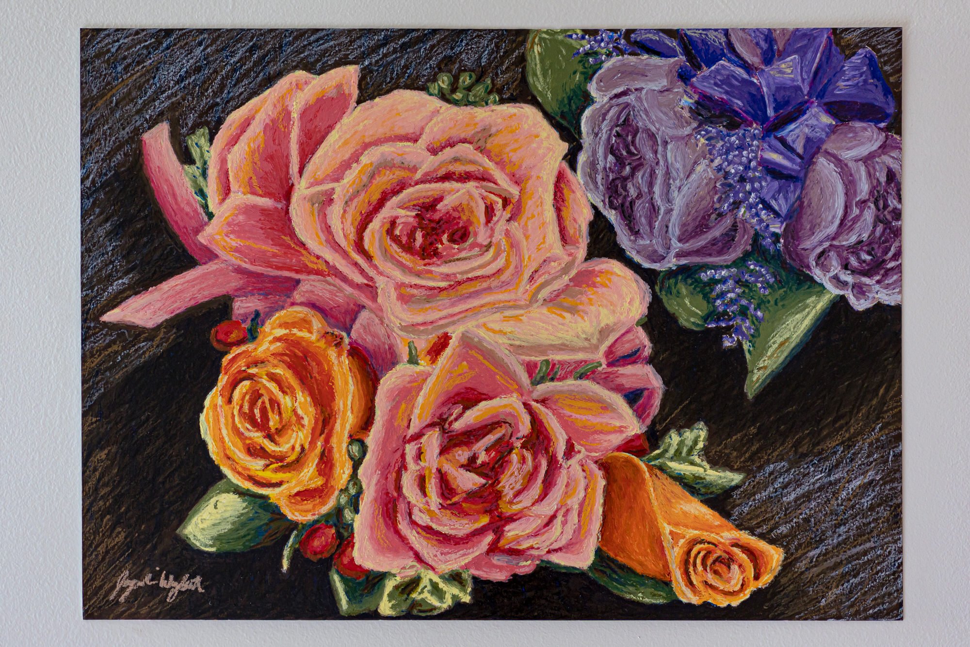 "Corsages 2," 2023, oil pastel on paper