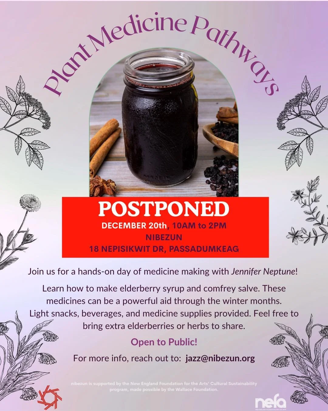 📣POSTPONED📣

Important Update: The nibezun Medicine Making Workshop has been rescheduled to December 20th, 10AM&ndash;2PM.

Our instructor, Jennifer, is prioritizing her health! If you have already signed up and need to withdraw, let us know by Dec