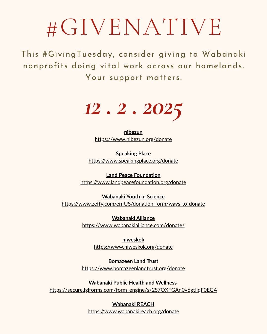 ✨ We Lift Each Other Up ✨

This #GivingTuesday, we honor the Wabanaki organizations who are carrying culture, language, land stewardship, healing, and community care forward across our homelands. When you give to Native-led nonprofits, you are suppor
