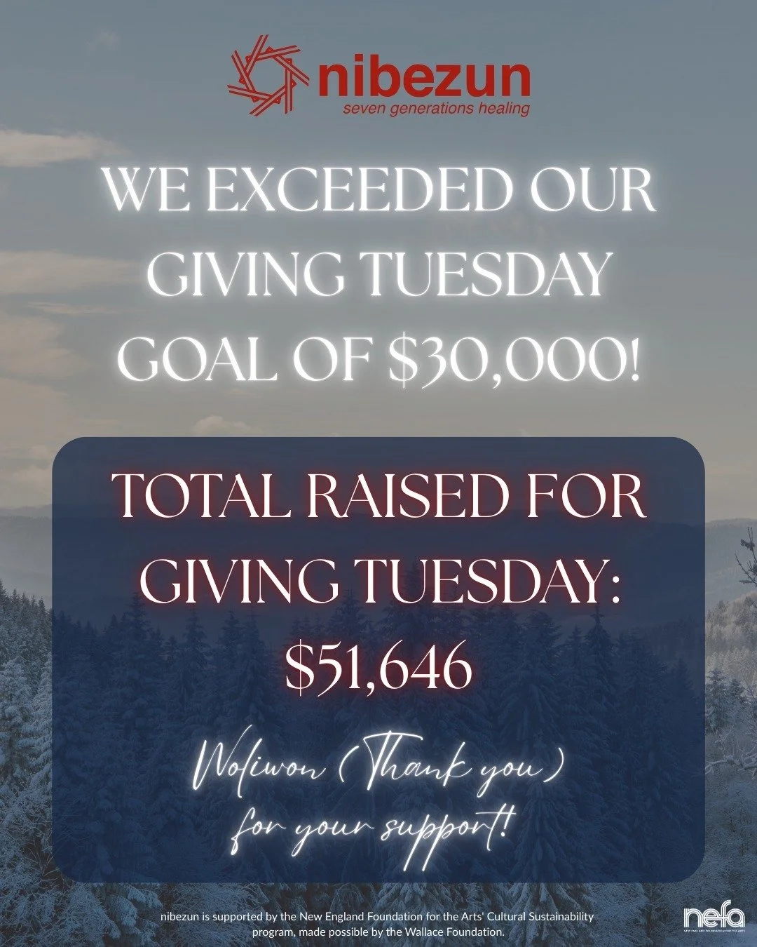 Woliwon (Thank you) to everyone who lifted nibezun and other native led orgs this Giving Tuesday!

Your gifts helped us move past our $30,000 goal and carry us more than halfway toward our $100,000 Seeds to Spirit vision by January 1st, 2026.

Each c