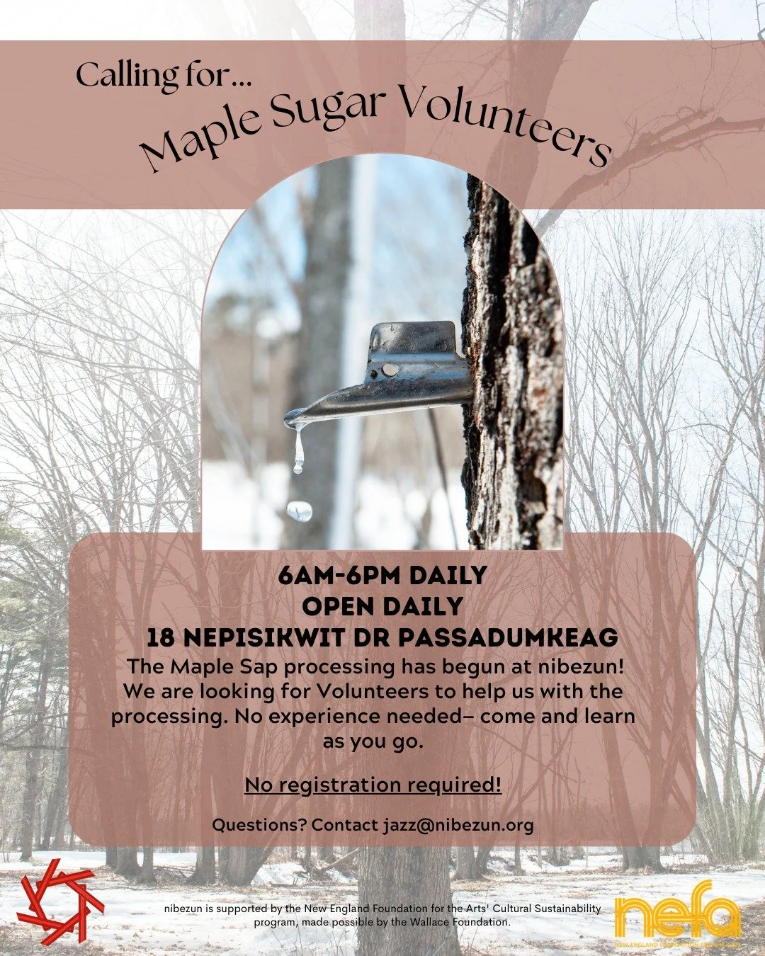 Maple Syrup Tapping is BEGINNING this WEEKEND at nibezun!

🍁🍁🍁🍁🍁
OPEN DAILY 6am-6pm, 7 DAYS A WEEK! 
🍁🍁🍁🍁🍁

Stop by this Saturday to help with the first process of tapping the trees and getting the containers ready for collecting!

Voluntee