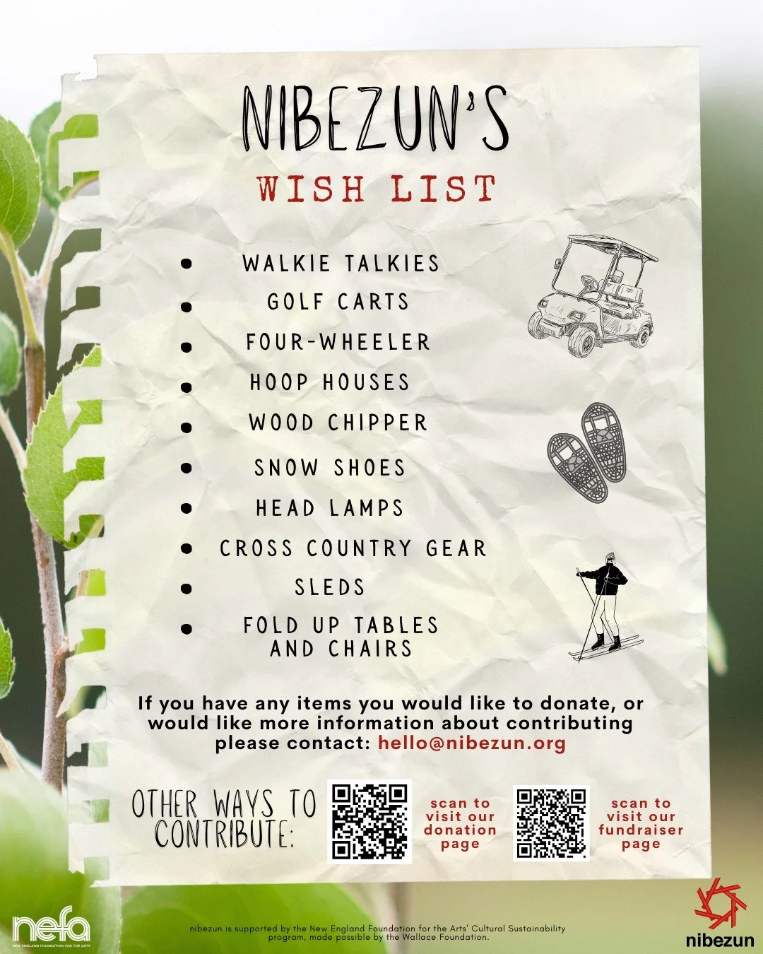 Many people ask how they can support nibezun beyond financial donations. One meaningful way is by helping us gather the everyday tools and equipment needed to care for the land and host community gatherings.

nibezun is sustained through community ca