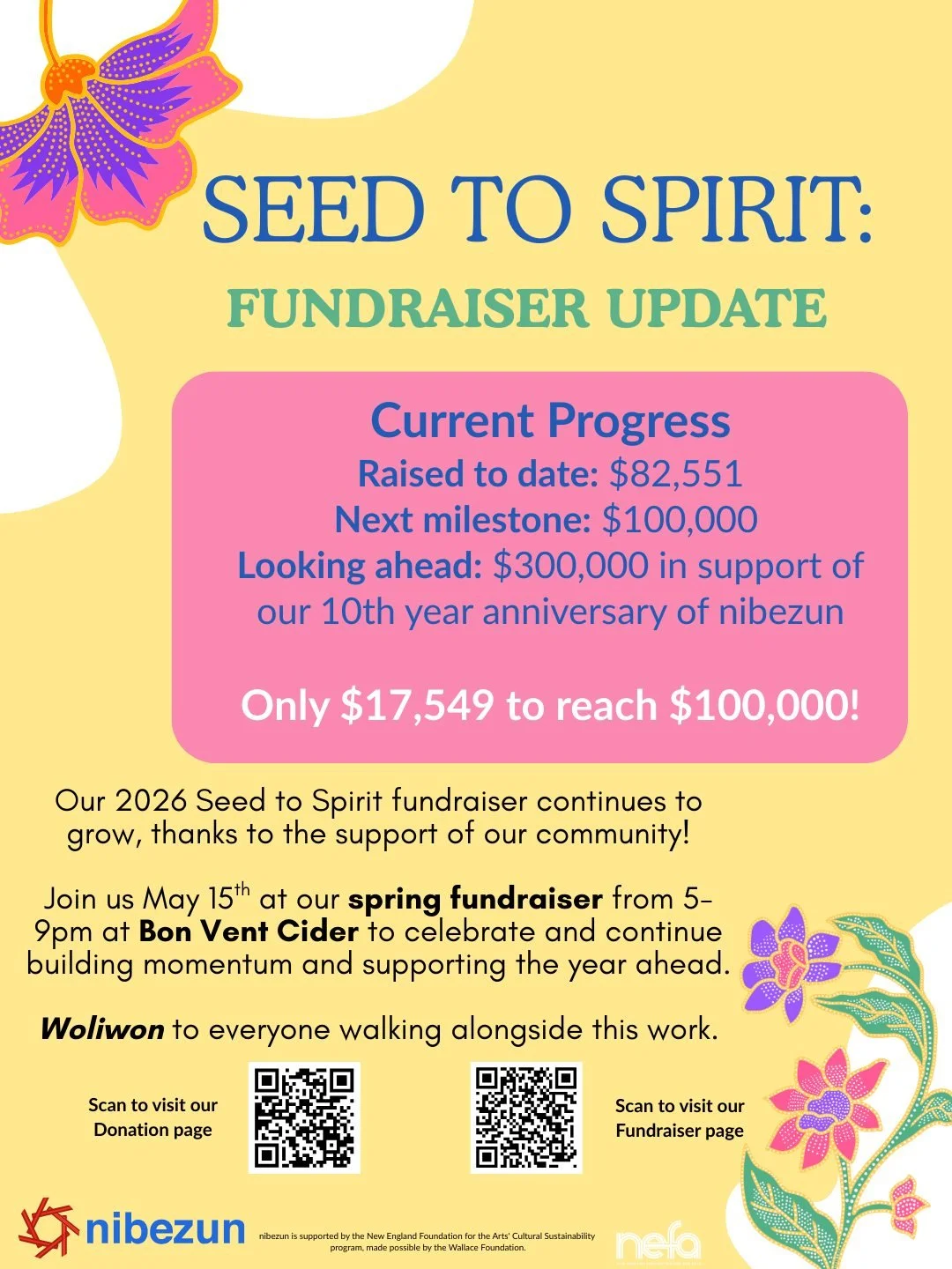 ✨ Fundraiser Update ✨

Our 2026 Seeds to Spirit fundraiser continues to grow thanks to the support of our community. So far we have raised $82,551 toward our larger goal of $300,000 in support of nibezun&rsquo;s 10th year.

Our next milestone is $100