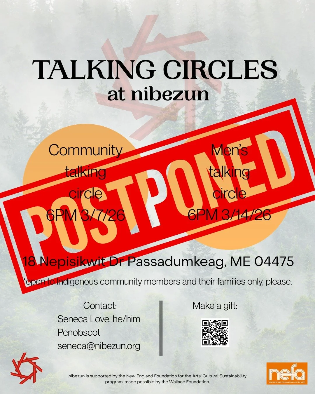 !!!POSTPONED!!!

Men's Talking Circle postponed -- new date, time, &amp; location to be announced soon!

Contact Seneca Love at seneca@nibezun.org with any questions.