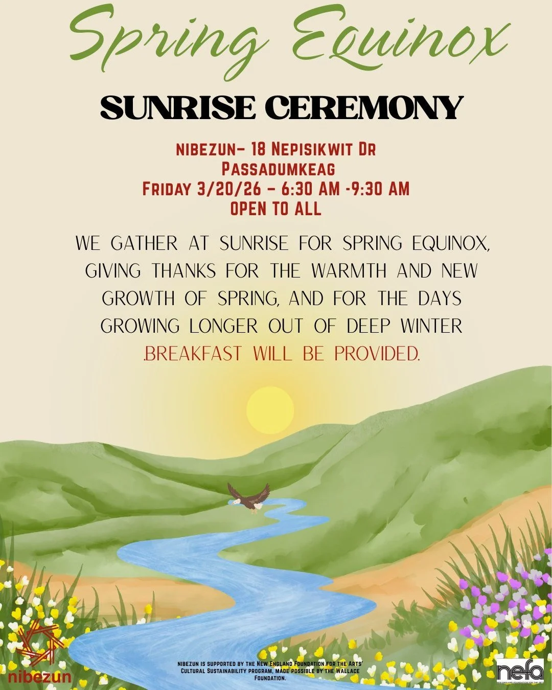 sìkʷani (Penobscot)
"In the springtime."

🌱 Open to all 🌱

We gather at sunrise on spring equinox to honor equal day and night, give thanks for the tender growth blooming out of winter, and welcome the long sun-drenched days returning to