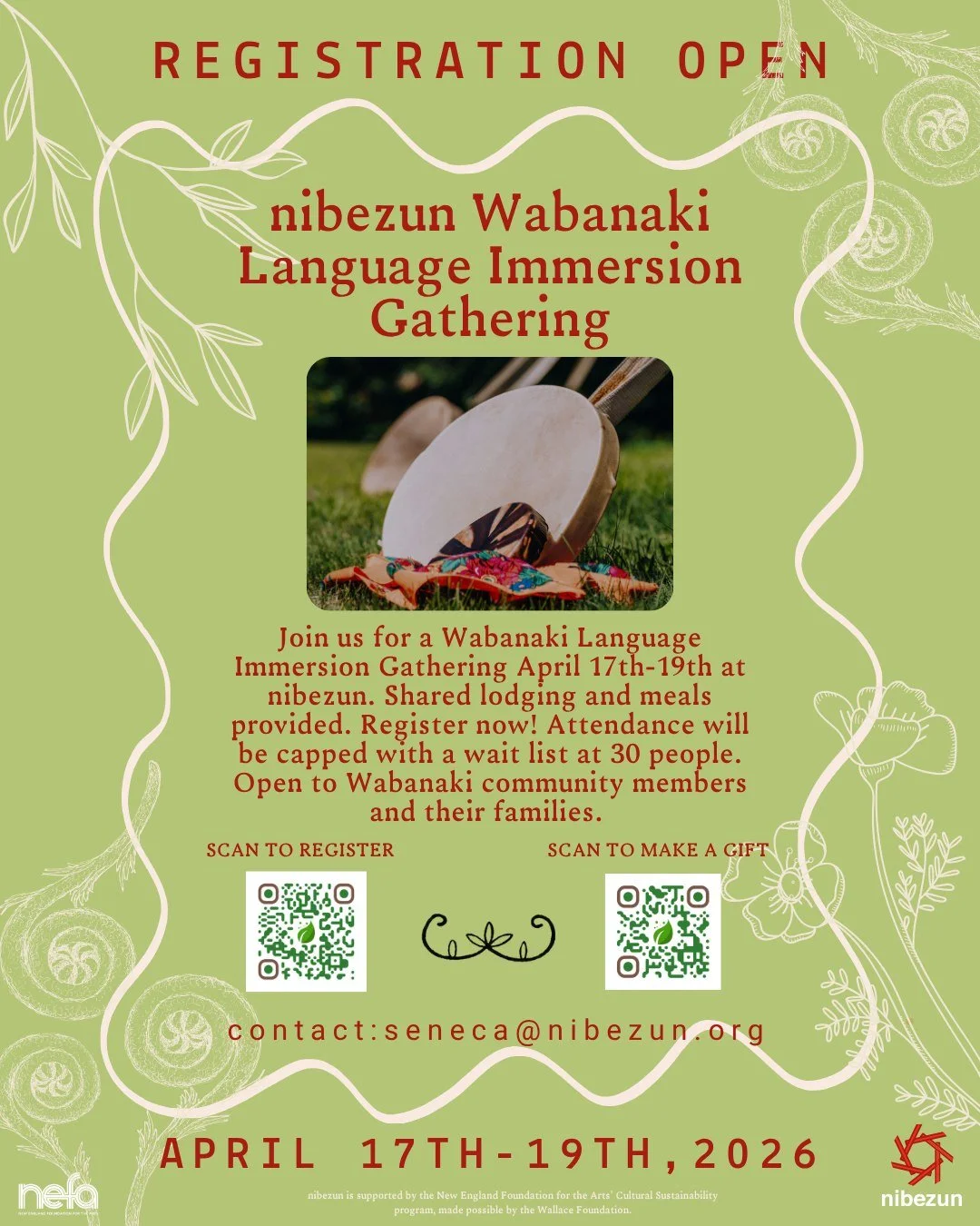📣 REGISTRATION OPEN 📣

Register here: https://forms.gle/f7sD5bB7vhQQAhnFA

Please join us for a weekend of connection and learning at nibezun for the Wabanaki Language Immersion Gathering, where our communities come together to breathe life into ou
