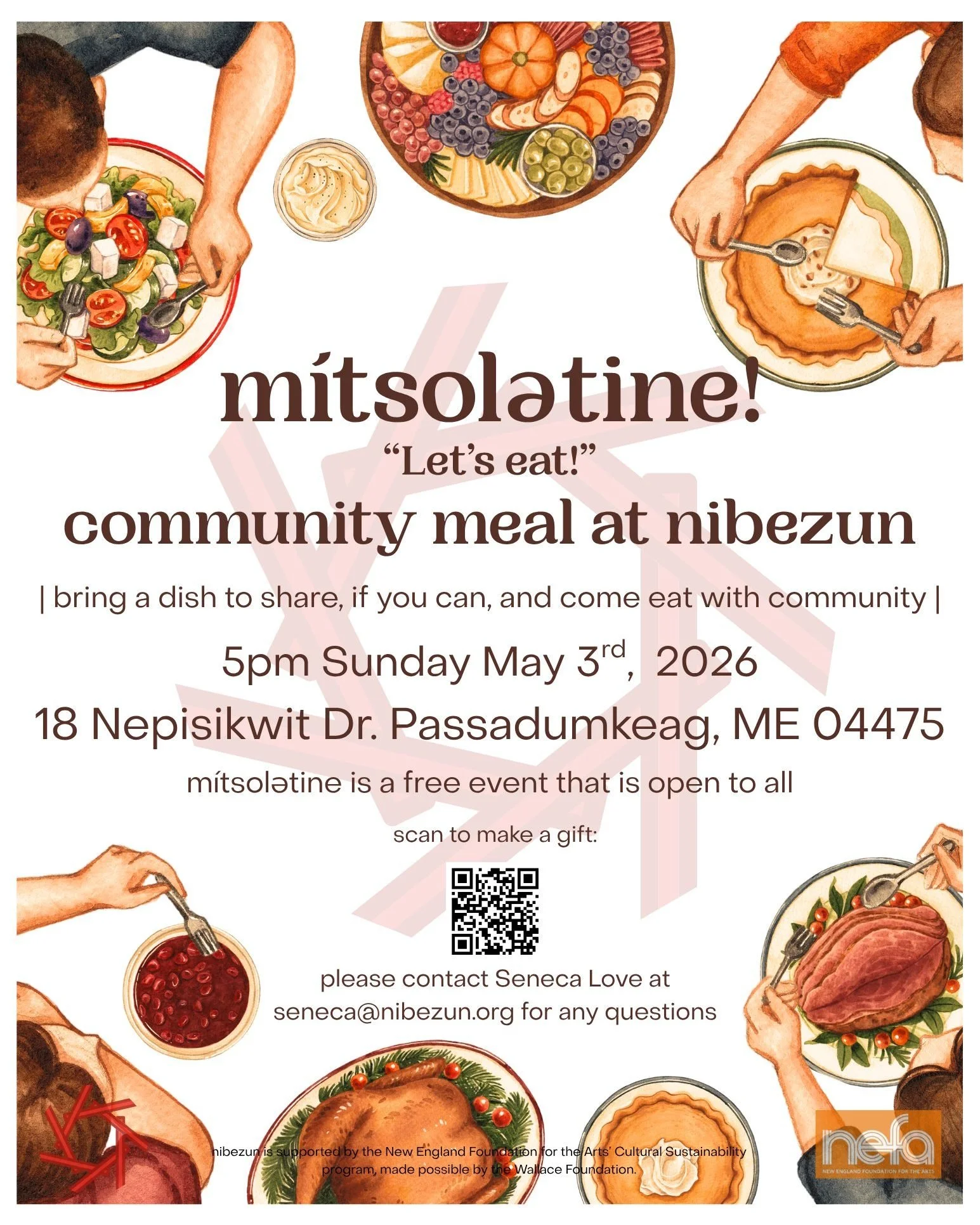 M&iacute;tsolətine! 
&ldquo;Let&rsquo;s eat!&rdquo;

Please join us at 5pm on Sunday May 3rd for M&iacute;tsolətine, a community meal at nibezun. Bring a dish to share (if you can) and come relax, eat, and connect with community. 

M&iacute;tsolətine