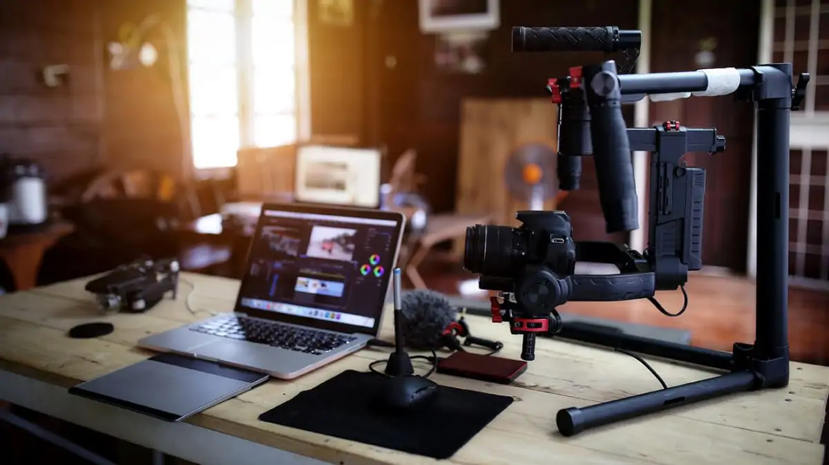 Video production workspace with camera, gimbal, and post-production setup