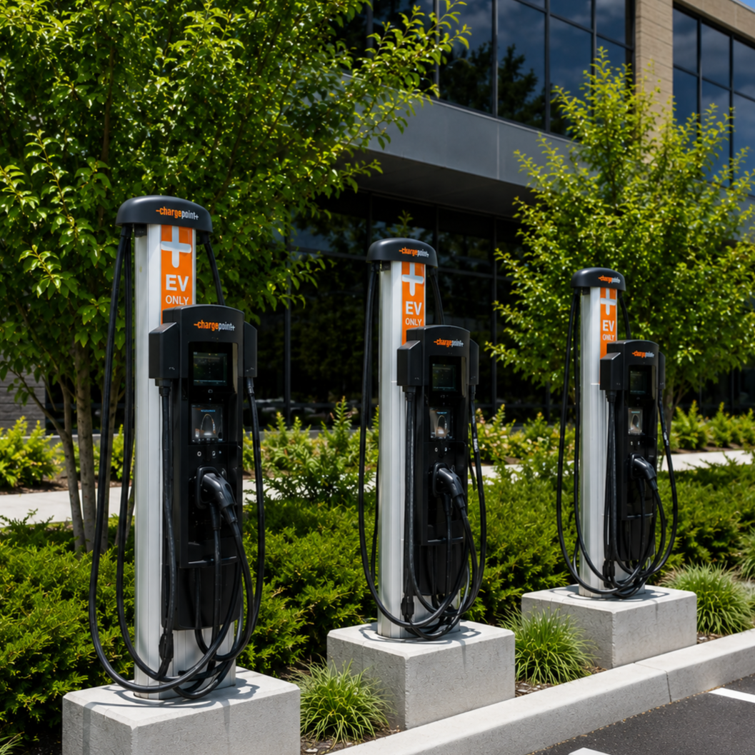 Concrete equipment bases supporting three EV charging stations.