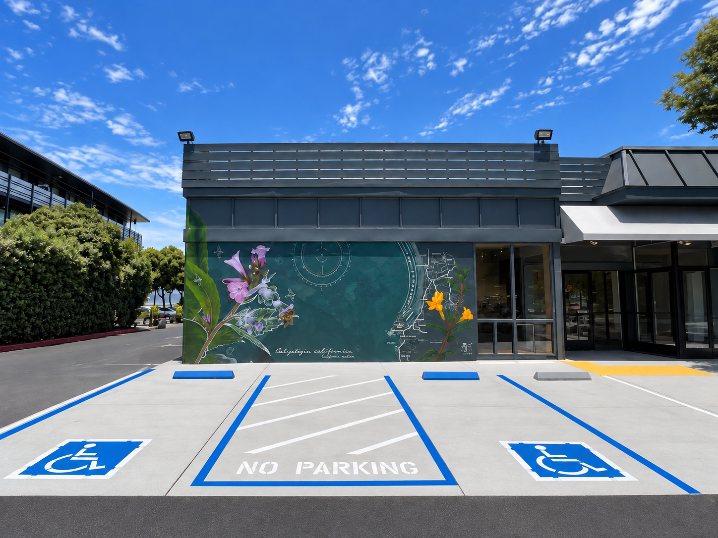 Monterey, CA — Concrete accessible parking spaces and a striped access aisle at a commercial entrance.