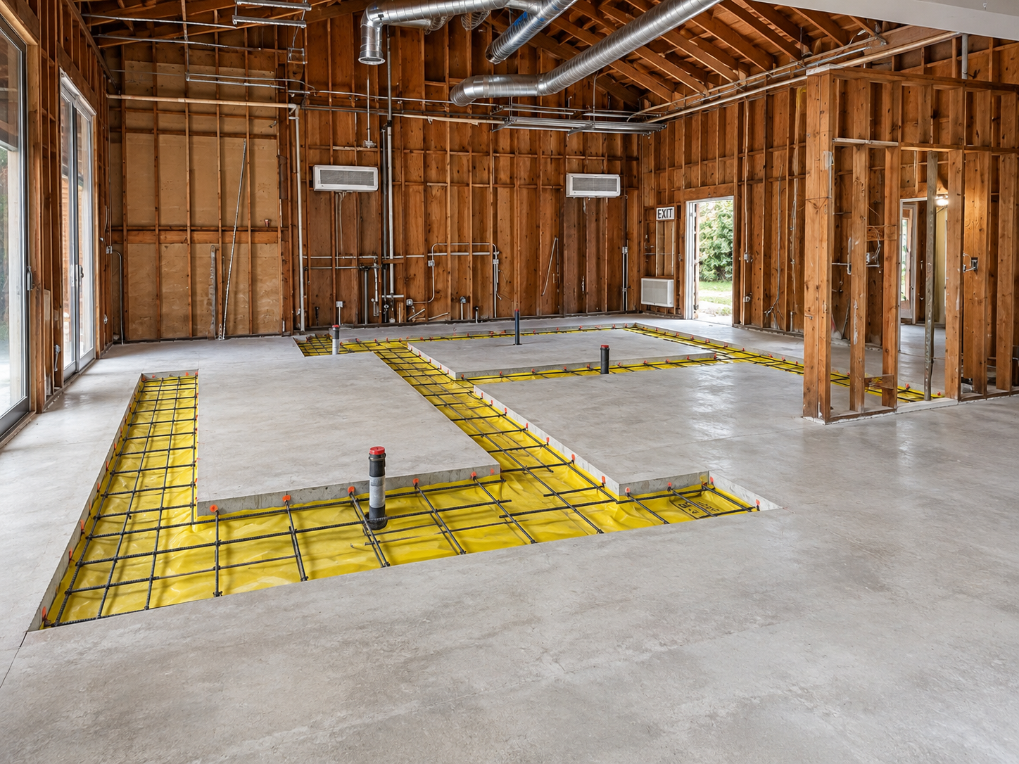 Interior slab trenches prepared with reinforcing steel before concrete placement.