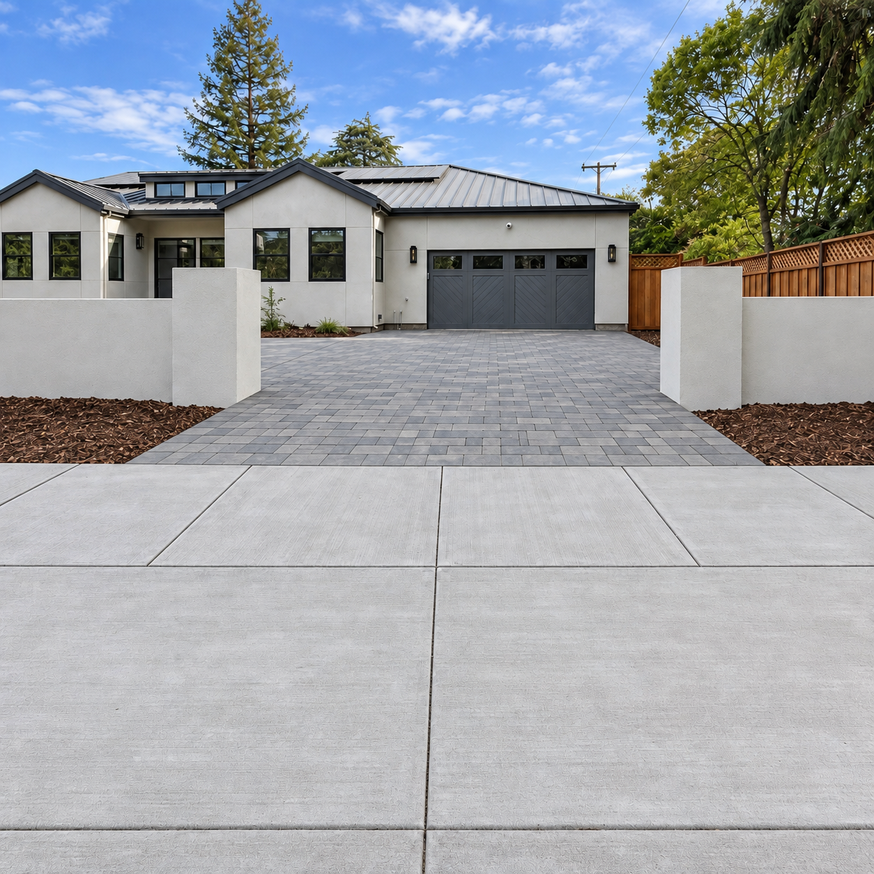 Concrete sidewalk and driveway apron at a residential entrance.