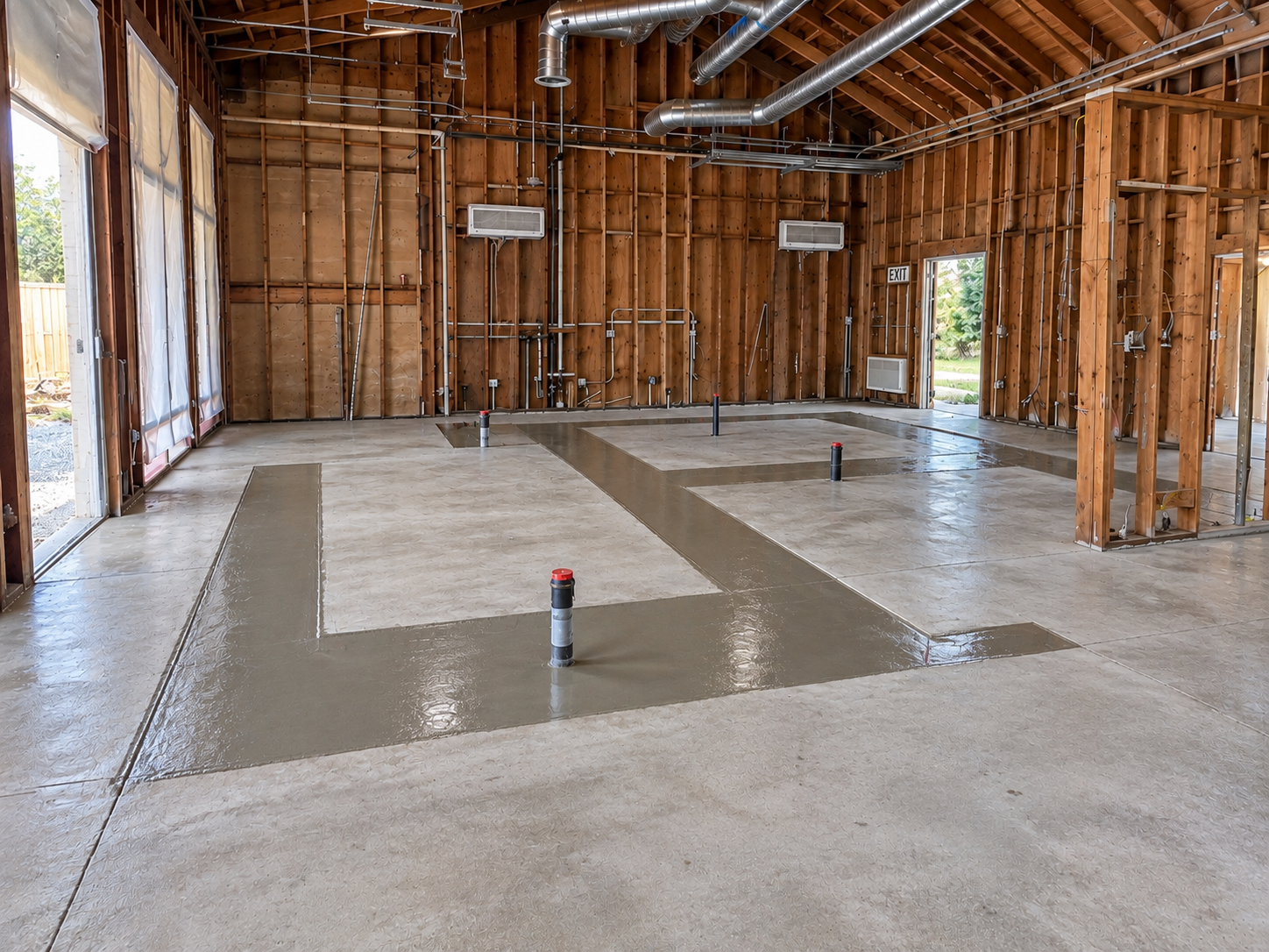 Concrete trench pour-back restoring the interior slab around plumbing stub-ups.