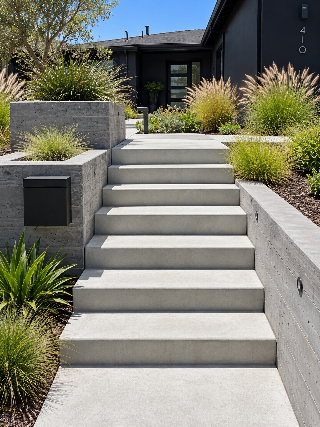 Board-formed concrete retaining walls and steps framing a landscaped front entry.