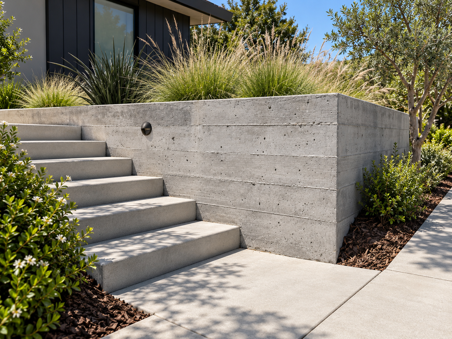 Concrete steps beside a board-formed retaining wall and landscaped planting bed.