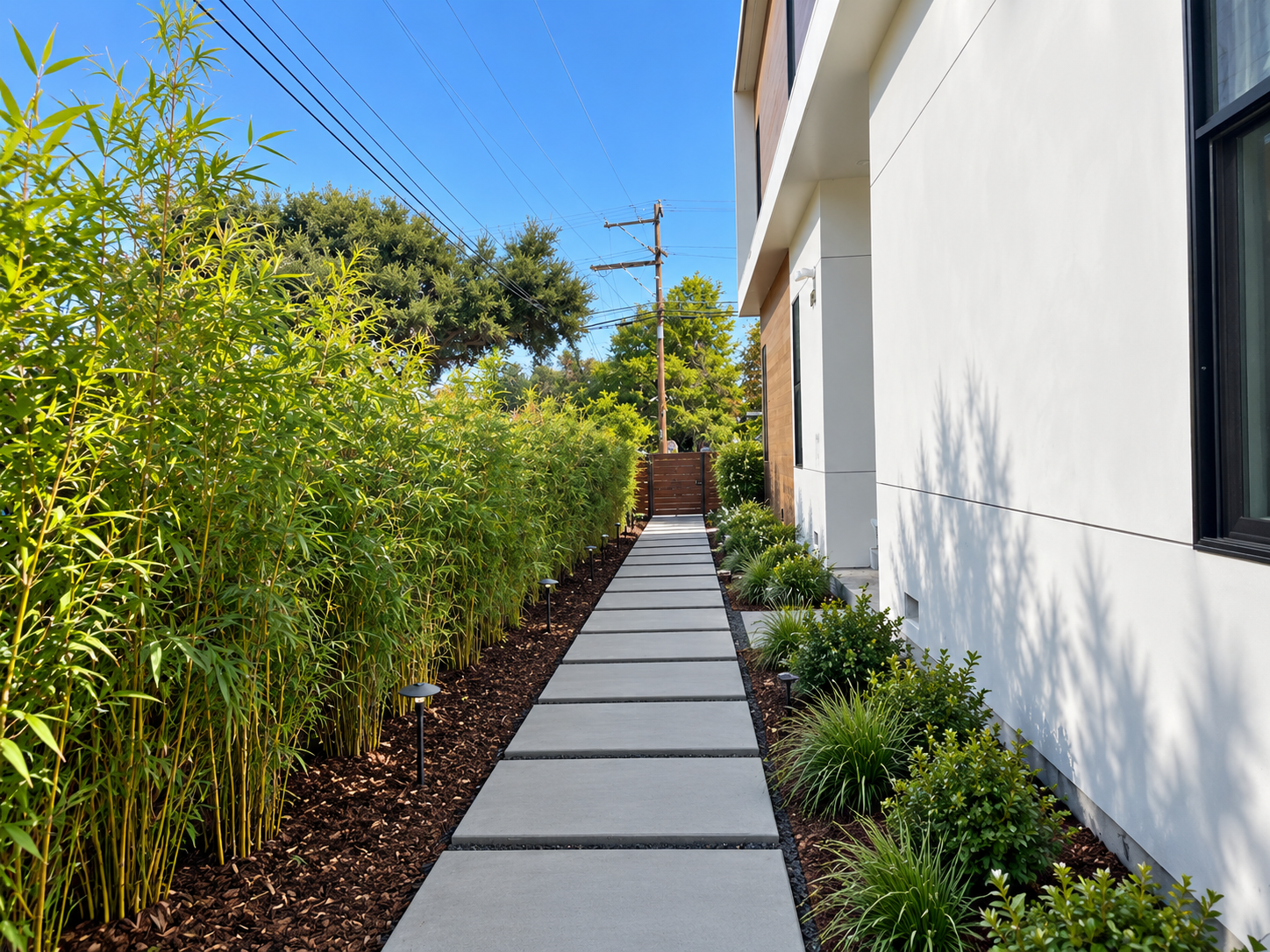 Rectangular concrete walkway slabs along a landscaped side yard.