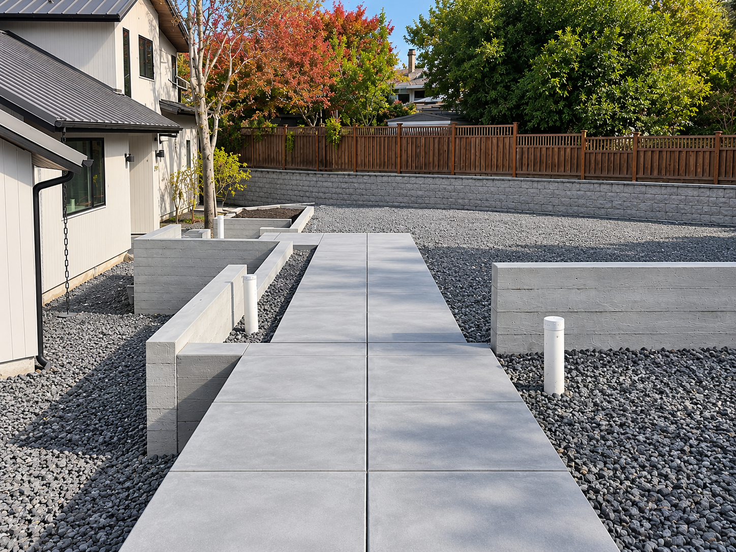 Concrete walkway with board-formed planter walls beside a home.