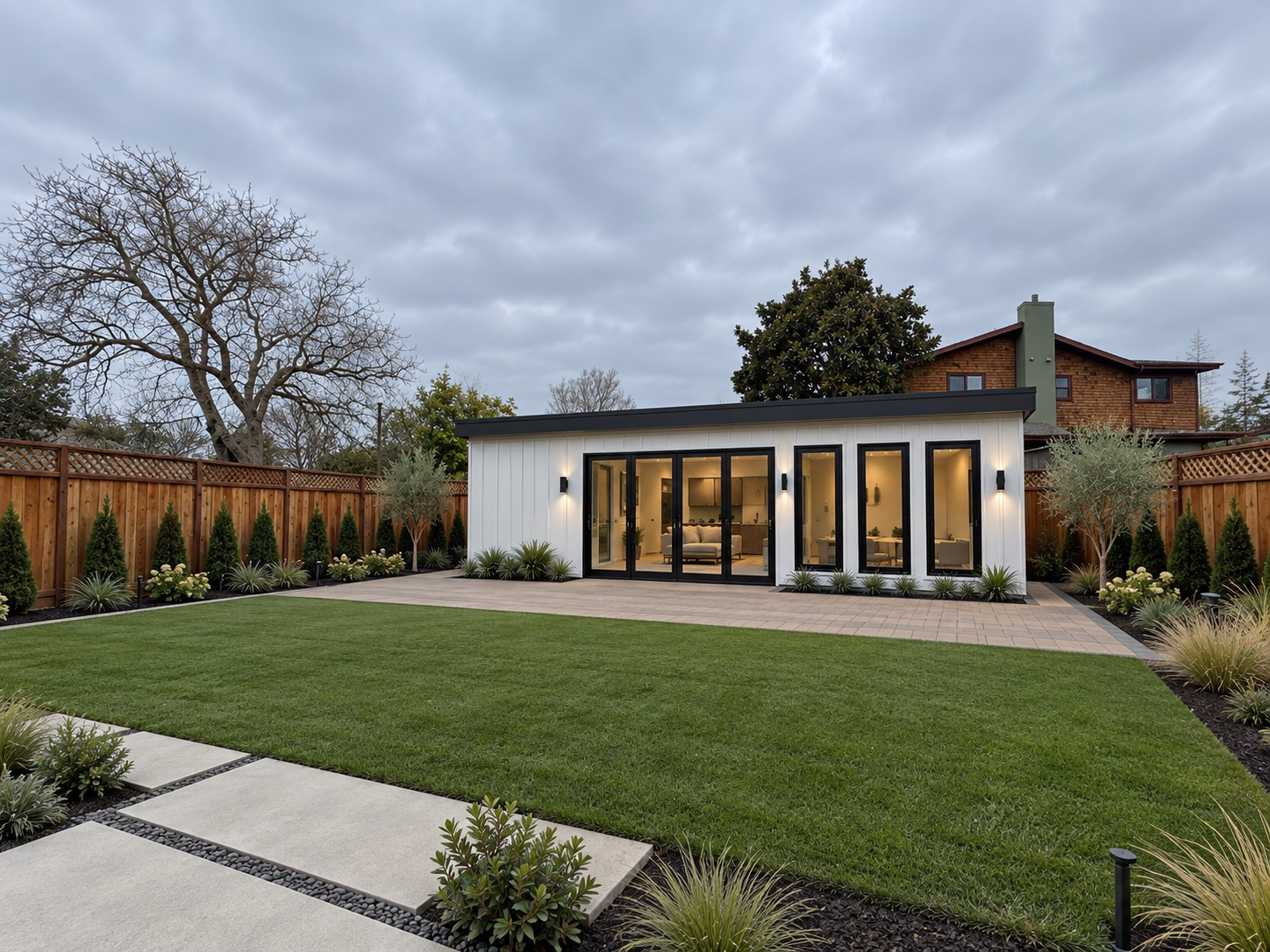 Concrete foundation supporting a completed backyard ADU.