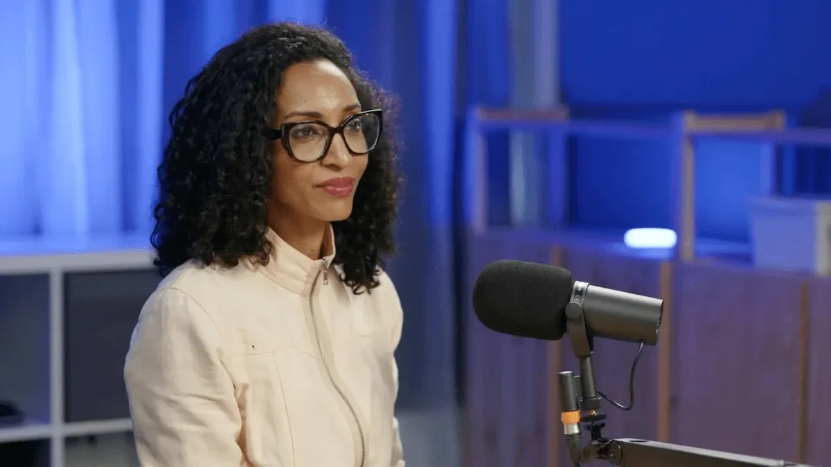 Performance Nutritionist Dr Linia Patel recording a podcast at Creative Kin strategic content marketing agency London