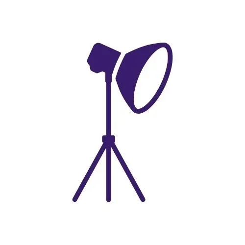 A purple icon against a white background showing a cinematic light fixture representing the Aputure professional video lighting used in Creative Kin podcasting studio London.