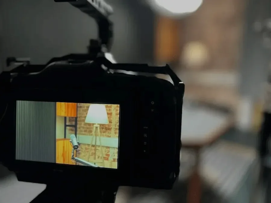 A view of eth podcast content recording studio at Creative Kin strategic content marketing agency London through the screen of a 6k camera