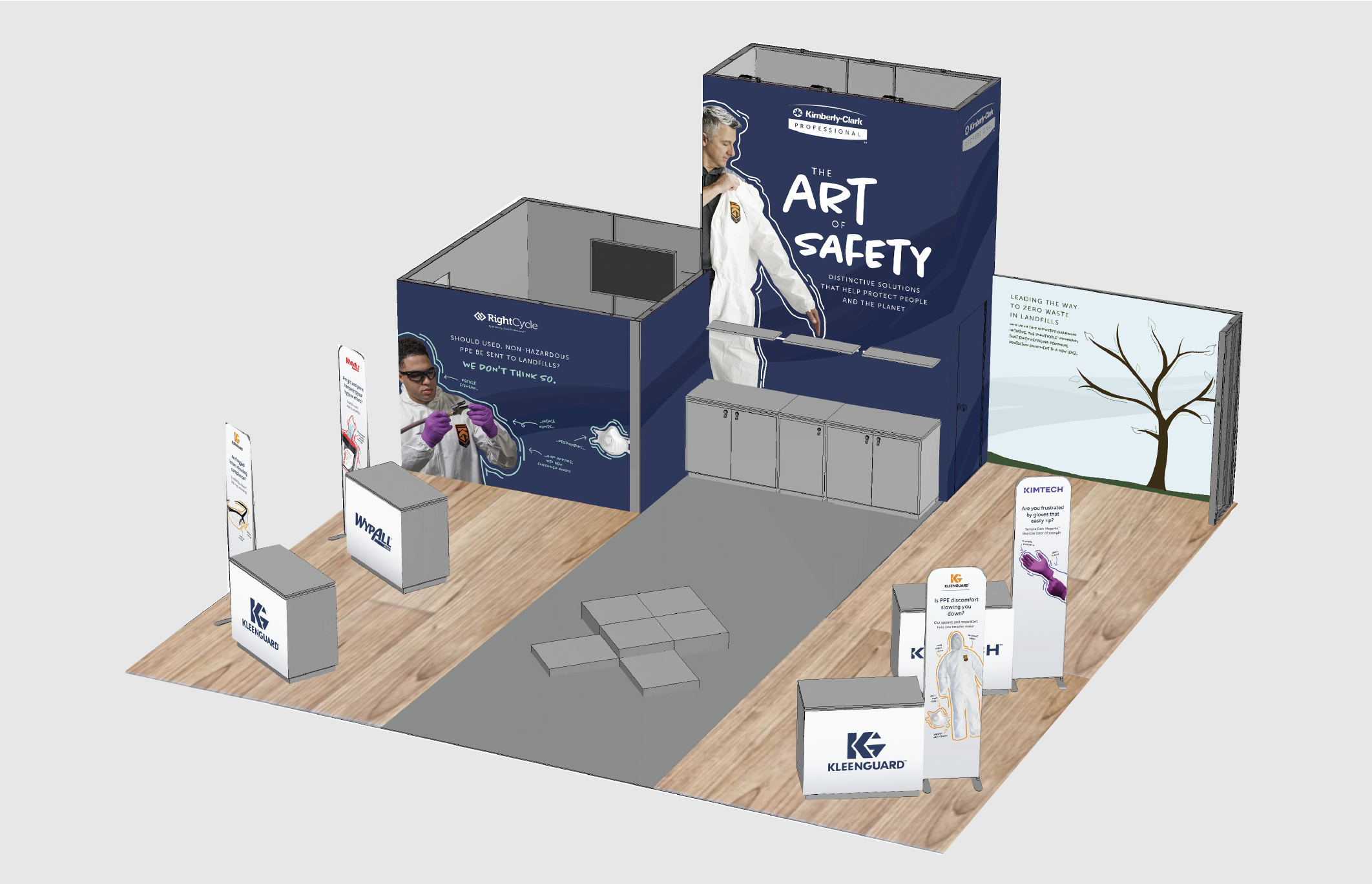 Booth mockup, in the center a painted-on PPE suit would be on a mannequin, tying in the "art" of the theme.
