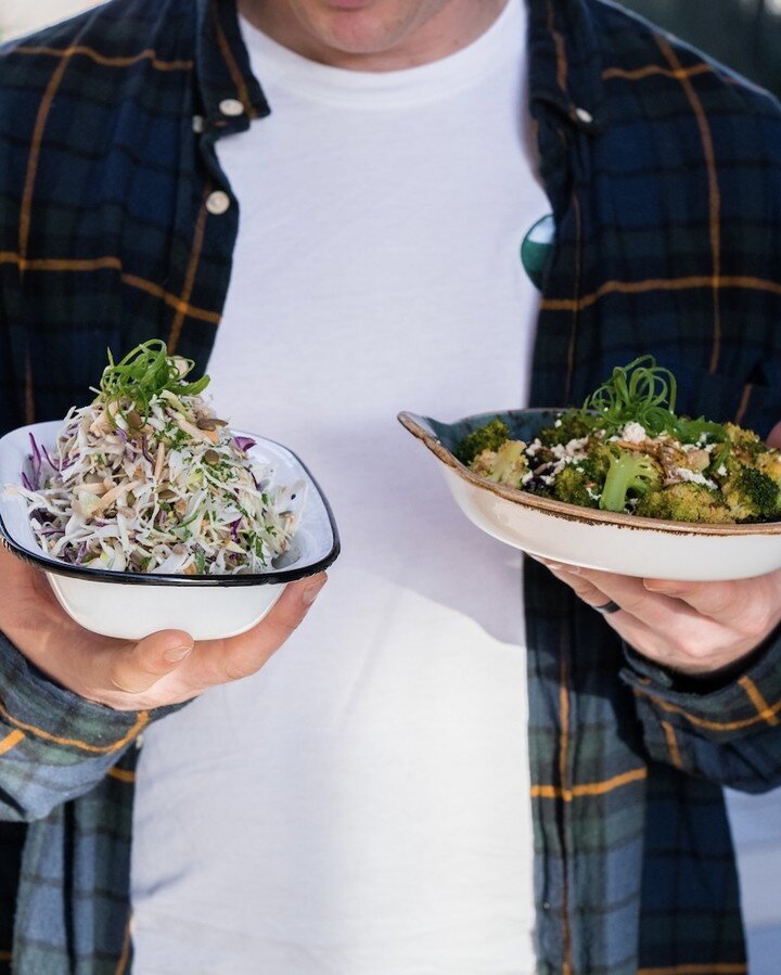 LET'S TALK VEGES 🥦🥗 Our Crunchy Slaw with homemade yogurt dressing and the Bro-ccoli served with creamy feta and cranberries. These bad boys are packed with fresh ingredients and goodness so you can get your greens in. Add them as a side next time 