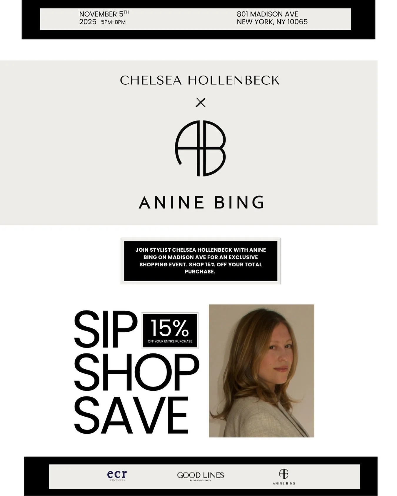 ✨ You&rsquo;re invited! ✨
Join me this Wednesday, November 5th from 5&ndash;8 p.m. for an exclusive shopping event with Anine Bing at the Madison Avenue boutique.

Sip curated wines from ECR Vintners, explore the new fall collection, and enjoy 15% of