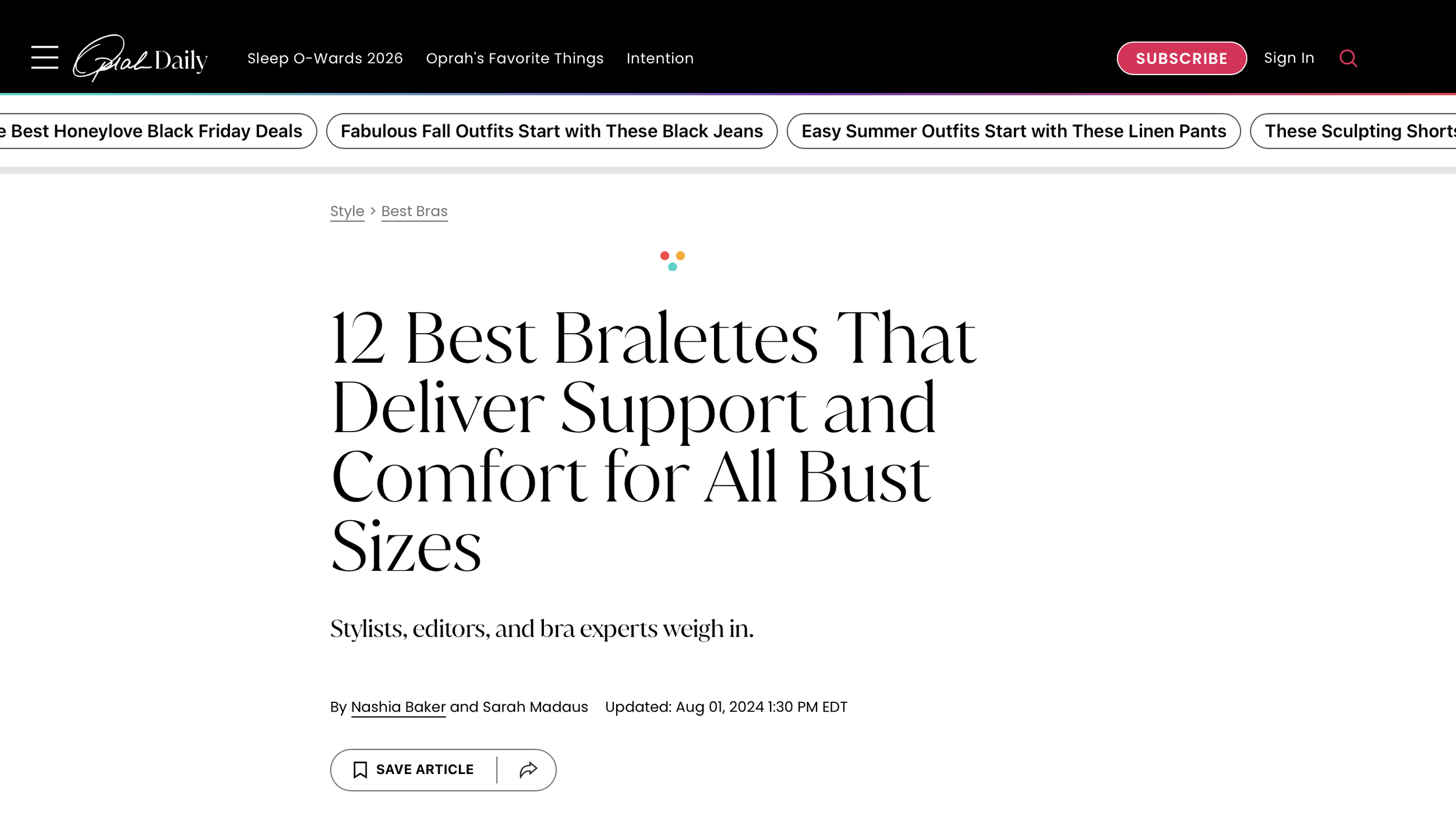 Screenshot of an article titled '12 Best Bralettes That Deliver Support and Comfort for All Bust Sizes' from Glam Daily website.