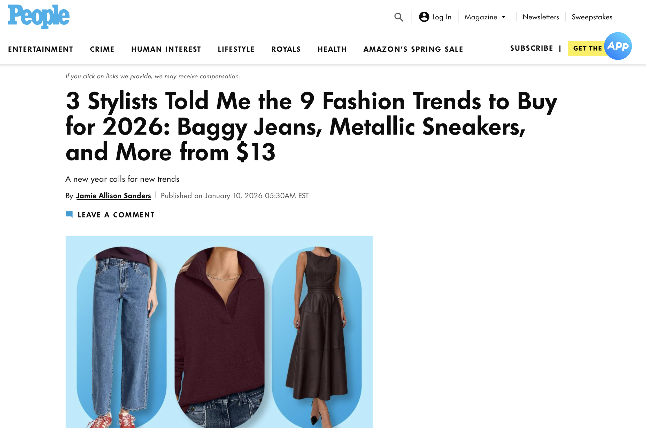 Three fashion items on blue backgrounds: a pair of baggy jeans, a burgundy top, and a dark sleeveless dress.
