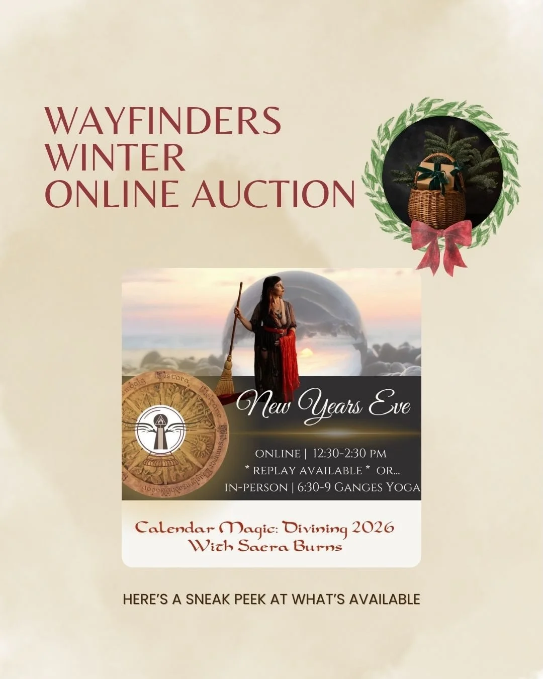 ✨ A little peek at what&rsquo;s waiting for you in the Wayfinders Online Winter Auction (Dec 1&ndash;5)! ✨

Here are just a few of the beautiful offerings from our families and local businesses:
	1.	🎉 New Year&rsquo;s Eve event with Saera Burns
	2.	