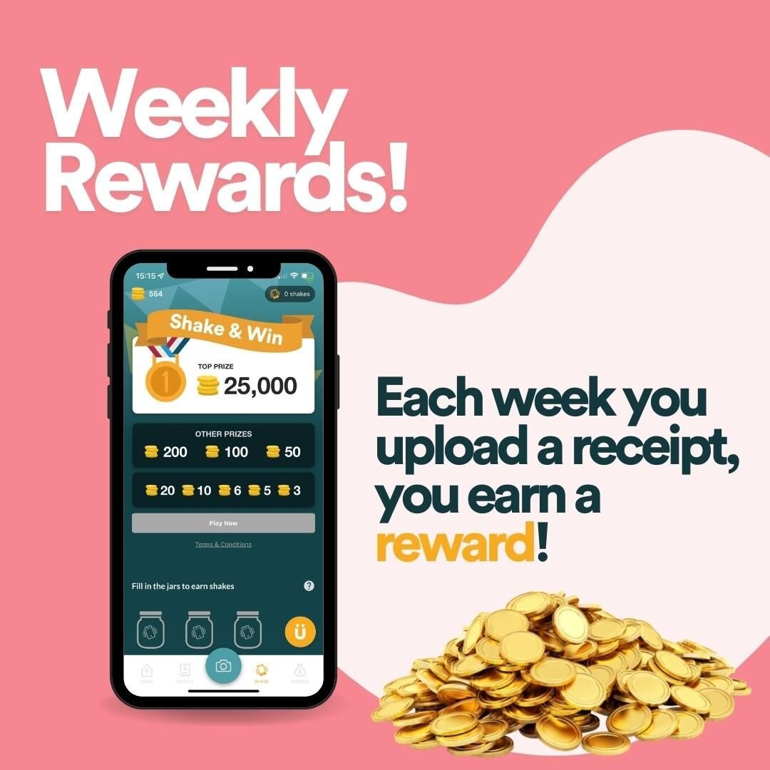 Each week you upload a receipt, you&rsquo;ll earn a Reward. As you level up, your rewards increase. 😍😍😍

Week Dates:

Week 1: 1st - 7th
Week 2: 8th - 14th
Week 3: 15th - 21st
Week 4: 22nd - End of month

Do my Rewards increase?
Yesss! Your weekly 