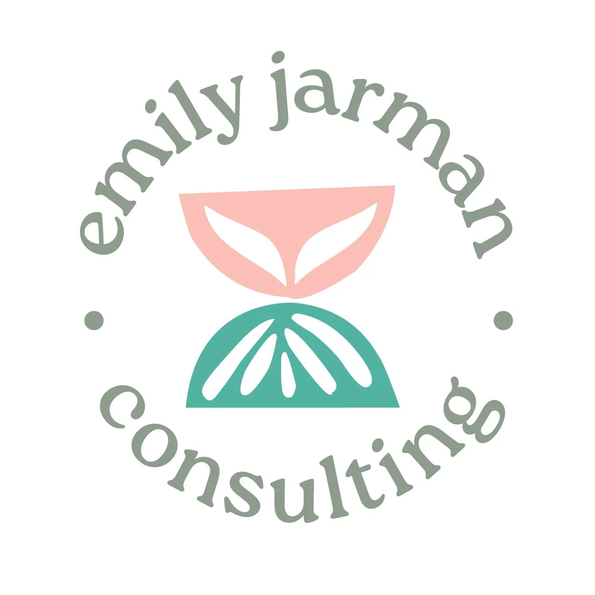 A logo with the text "emily jarman consulting" and an abstract illustration of roots and wings in the shape of an hour glass.