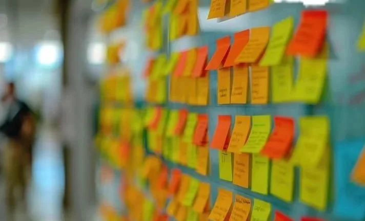 Colourful sticky notes on a board with out-of-focus people in the background.