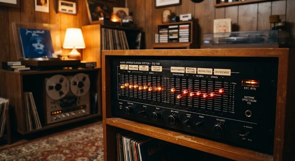 A vintage audio setup in a cozy room with wooden paneling. In the foreground, there is an audio equalizer with a wooden frame displaying various sound levels and labels like 'Investments,' 'Rental Income,' and 'Royalties.' Behind it, there's a turntable on a wooden stand with a collection of vinyl records and a lamp providing warm lighting. The room has a bookshelf with more records and framed pictures on the wall, creating a nostalgic and warm atmosphere.