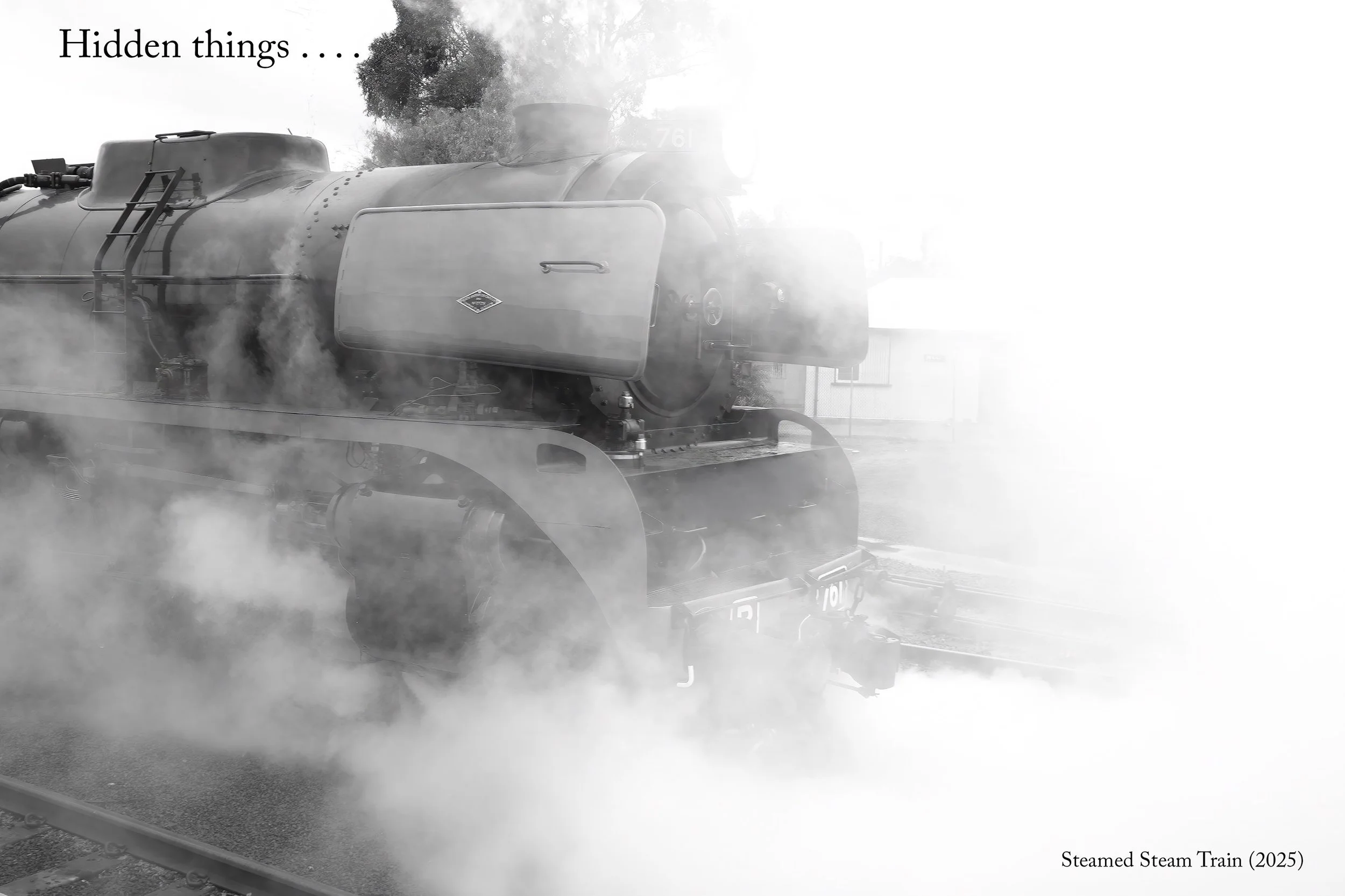 A steam train locomotive partially covered in steam. The title is Steamed Steam Train (2025) and the caption says Hidden Things . . . .