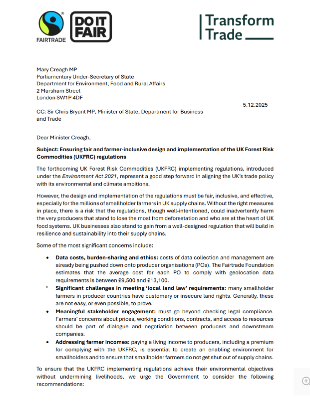 Letter to Mary Creagh MP on ensuring fair implementation of UK Forest Risk Commodities regulations