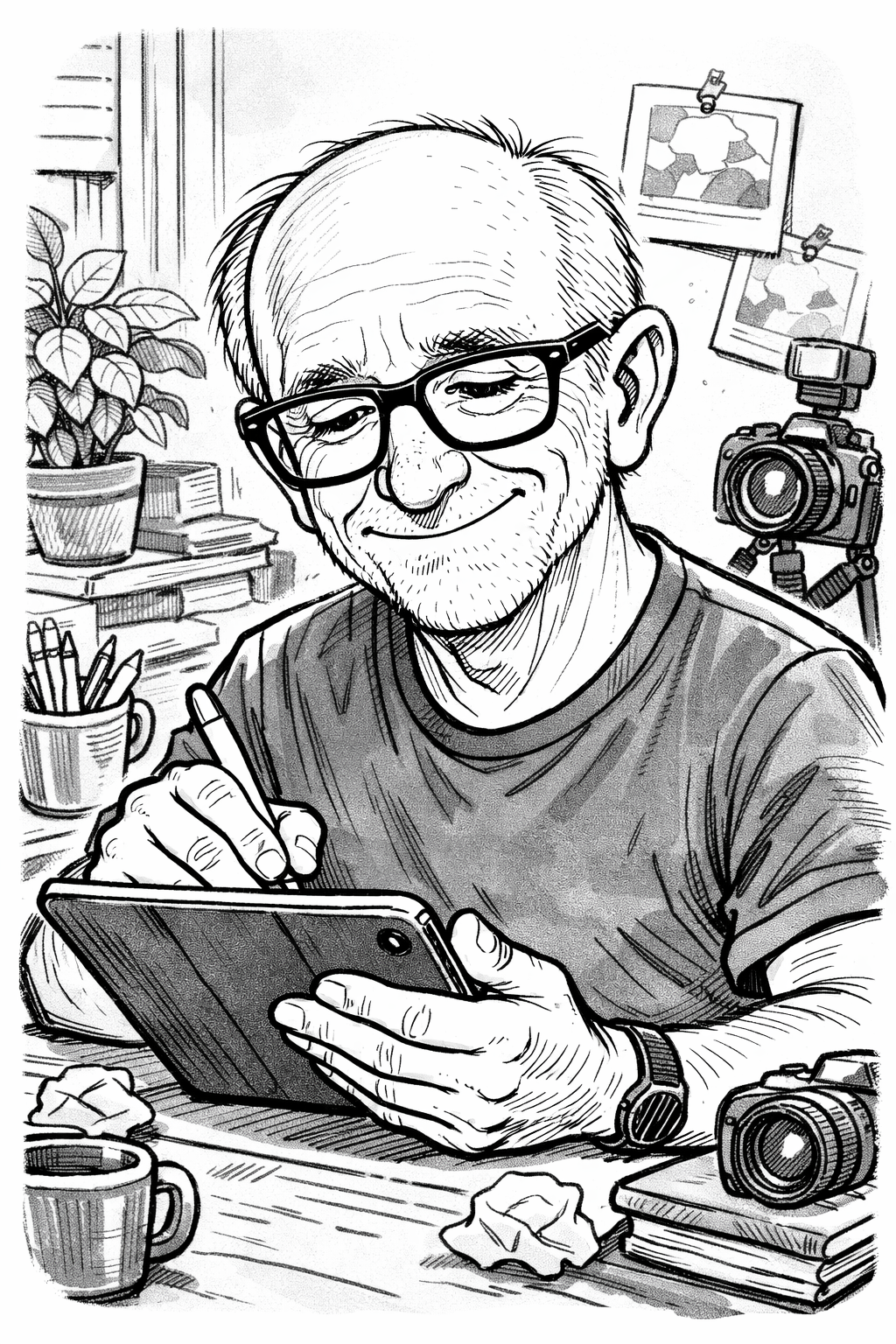 A smiling, middle-aged man with glasses, a beard, and a watch, sitting at a desk with a tablet in his hands. The desk has two coffee mugs, some crumpled paper, and a camera. Behind him, there are photographs clipped to a string, a plant, and a camera on a tripod.