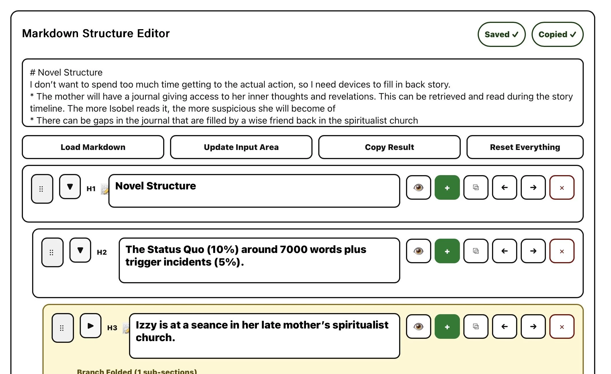 Screenshot of a Markdown Structure Editor interface with sections for novel structure, status quo, and a character named Izzy at a church, with buttons for actions like load, update, copy, reset, and navigation.