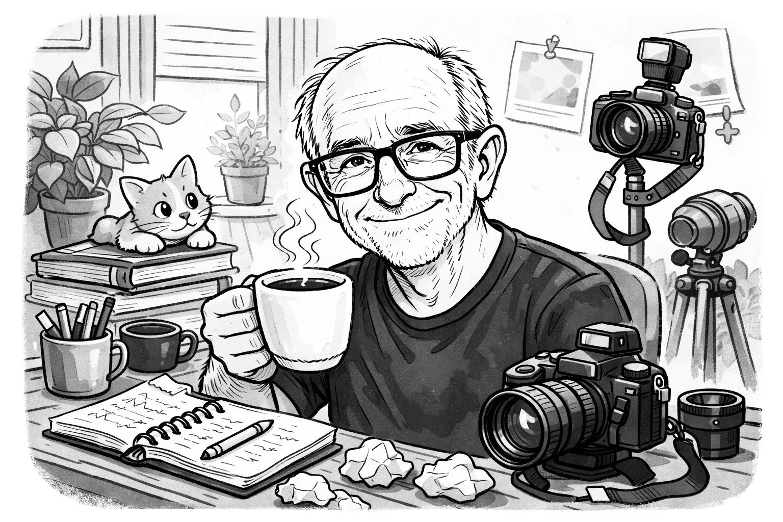 A man with glasses holding a steaming cup of coffee in a workspace filled with cameras, notebooks, and a cat on a stack of books.
