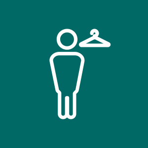 Outline of a person standing next to a clothes hanger
