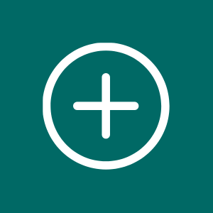 Icon of a plus sign inside a circle on a teal background.