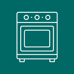 Outline of a stove with four control knobs on top and an oven door below.